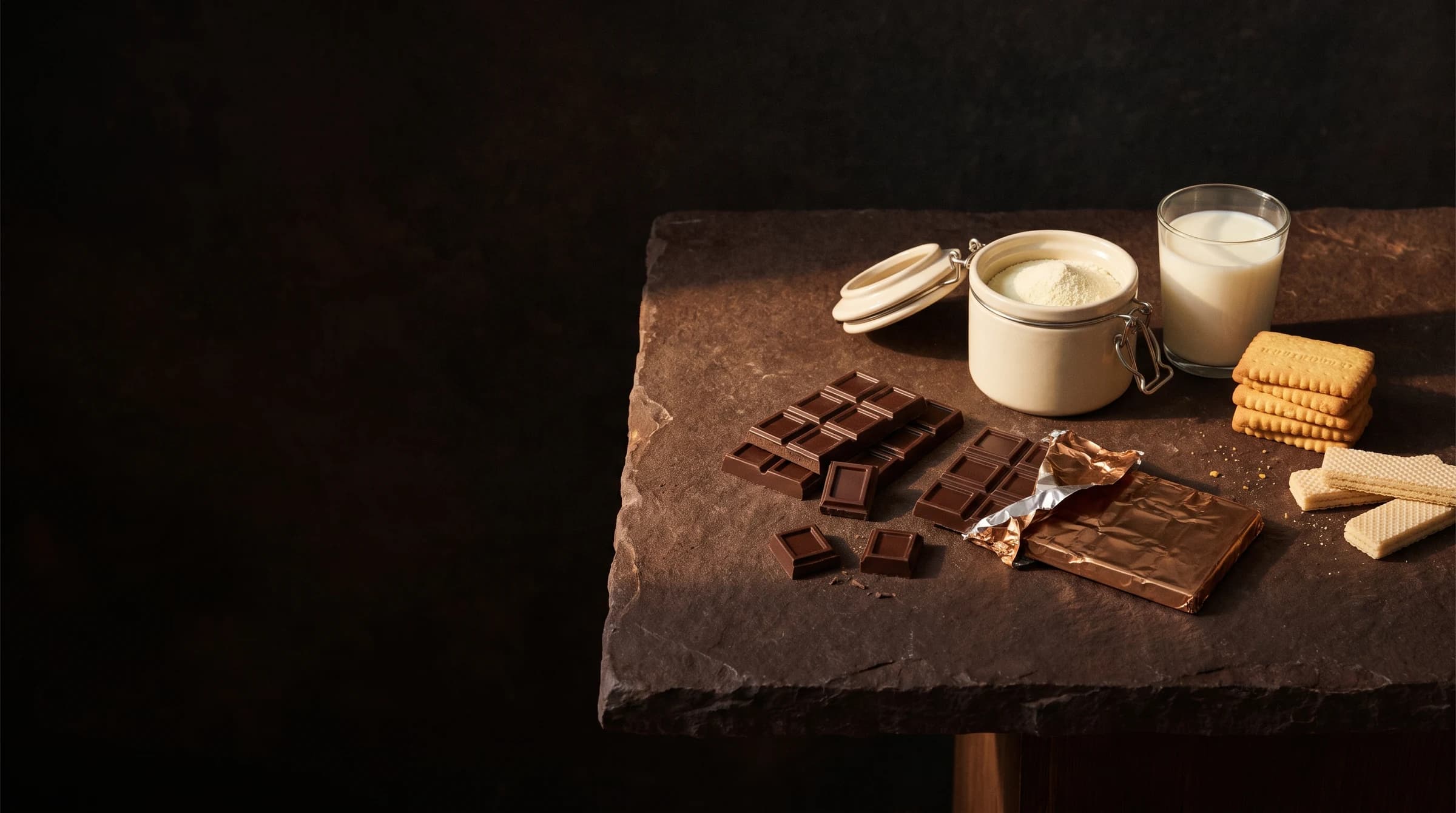 Chocolate, milk powder, biscuits and vanilla wafers, thoughtfully arranged in warm natural light